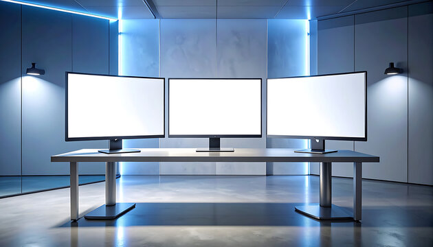 Three blank white computer monitors arranged on a modern desk in a minimalist room with blue LED lighting, ideal for displaying presentations or data visualization