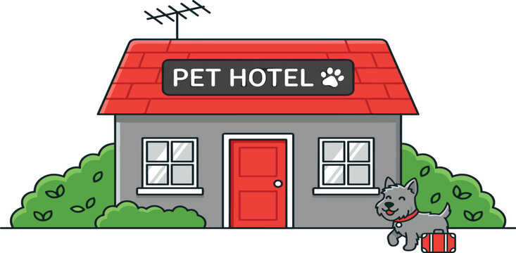 Pet Hotel and Dog Boarding Service Vector Illustration Featuring Cute Cartoon Puppy Mascot with Red Suitcase Outside Care Resort Building