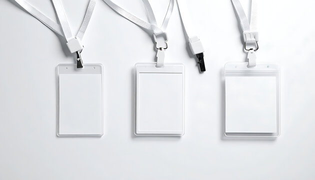 Three blank white identification badge holders with lanyards on a plain white background, event access pass mockup, security credential display