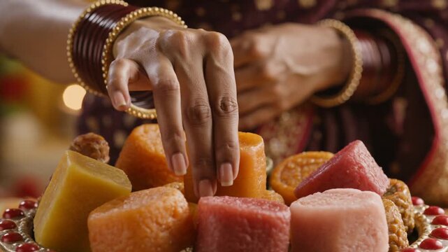 Woman Hand Picking Indian Mithai Traditional Sweets for Festival
