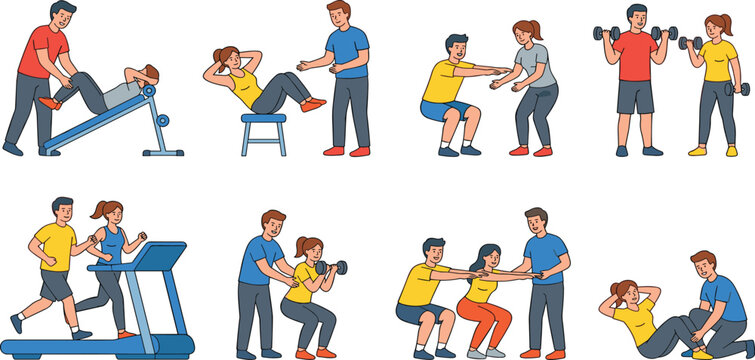 Personal Training and Gym Workout Icon Set with Cartoon Characters Doing Partner Exercises Squats Crunches Dumbbell Lifting and Treadmill Running Routines