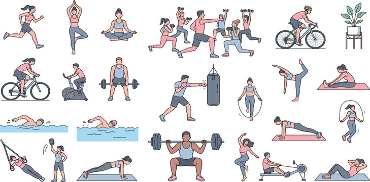 Mega Fitness and Gym Workout Character Set with Diverse People Running Cycling Swimming Lifting Weights and Doing Sports Exercises