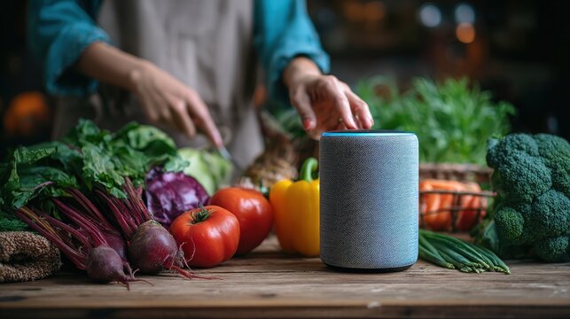Person interacts with a smart speaker while preparing fresh vegetables in a kitchen.
