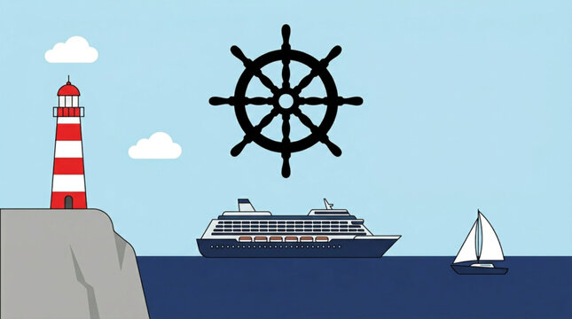 National Maritime Day Maritime journey vector art lighthouse, cruise ship, and sailboat on the ocean, with a ship's wheel representing navigation and travel