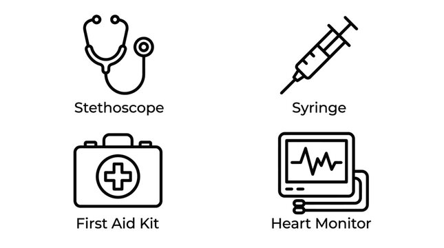 Medical equipment icons, stethoscope, syringe, first aid kit, heart monitor