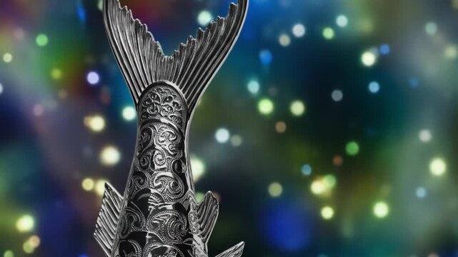 Silver fish statue with patterned details against a colorful bokeh background