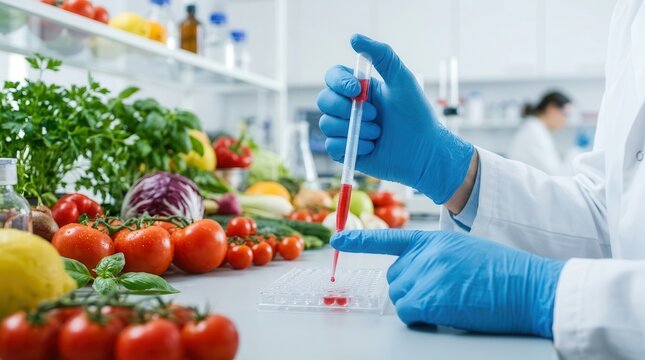 Detailed view of a food intolerance test being conducted with fresh produce and lab equipment.