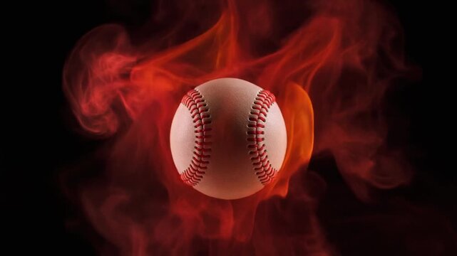 Dynamic shot of baseball with fiery red vapor swirling around, isolated against pure black 