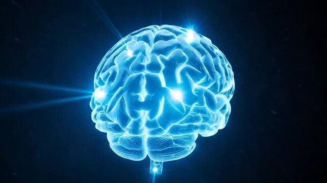 Digital Brain Energy: A glowing, luminous brain rendered in electric blue, emanating lines of light and energy, symbolizing thought, cognition, and the power of the mind.
