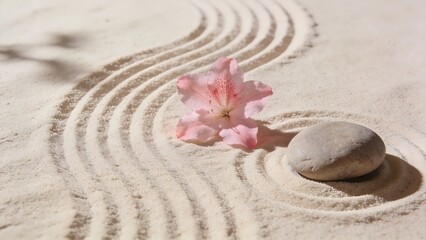 Obraz premium Pink azalea flower and smooth stone on raked white sand in a peaceful Zen garden