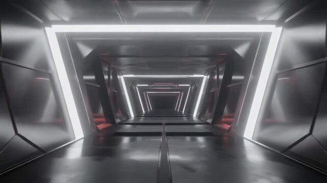 Angular sci-fi corridor with repeating trapezoid neon light beams and metallic dark finish.