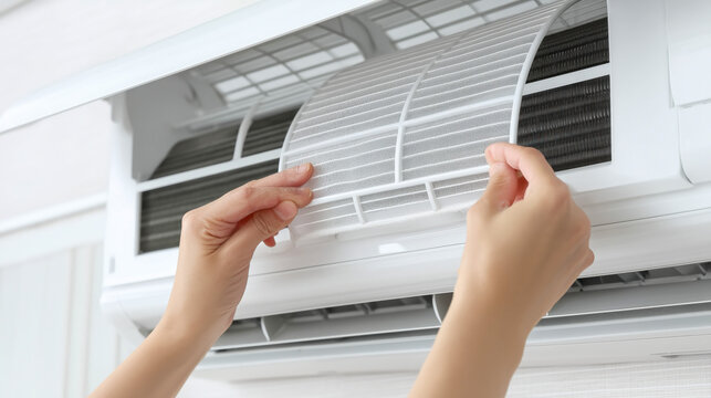 Person cleaning air conditioner filter on indoor unit