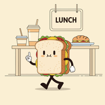 Animated Sandwich Character Walking Towards Lunch Table with Food.