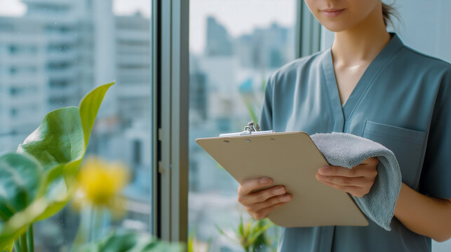Healthcare professional with clipboard by window in clinic