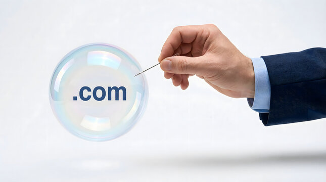 Businessman popping com domain bubble with needle