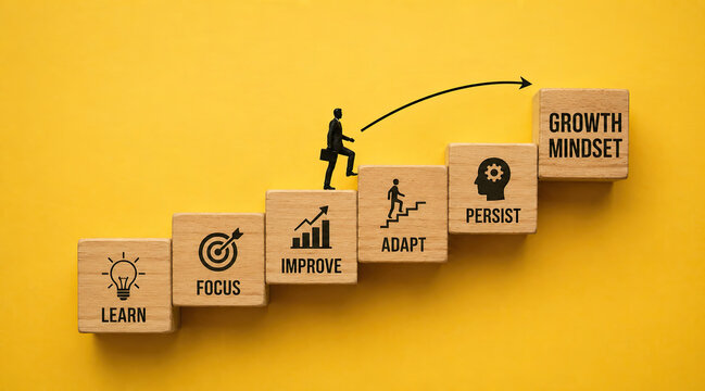 Businessman climbing wooden blocks with growth mindset and success strategy steps learn focus improve adapt persist