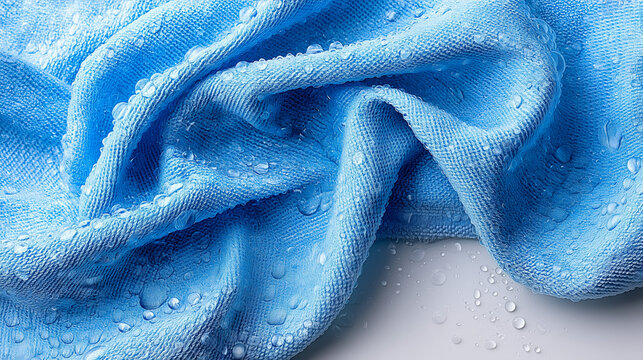 Blue towel fabric texture with water droplets close up