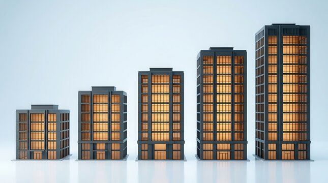 Miniature office building models arranged in ascending height to symbolize business scale and growth.