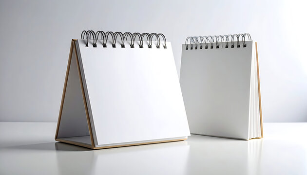 Two blank desk calendars with wire binding on a clean white surface, ready for notes and planning, ideal for office or personal organization concepts