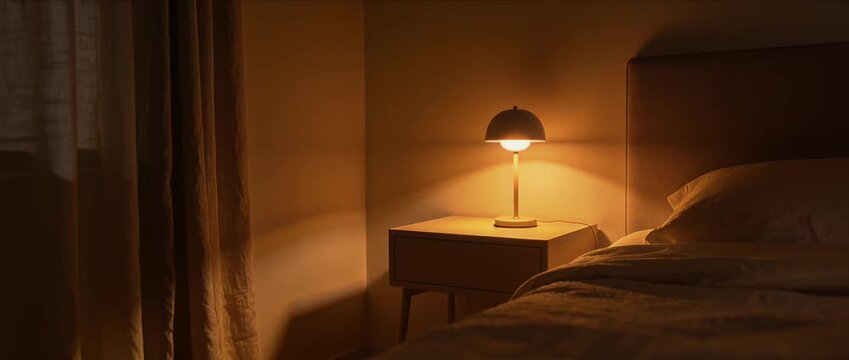 Cozy warm light bedroom interior with soft bed pillow blanket and sheet night lamp on bedside table curtain and window minimal design relaxing sleep mood calm intimate atmosphere gentle shadow