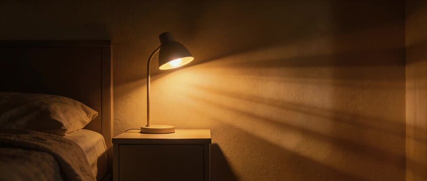 Cozy bedroom lamp light casts warm shadow nightstand and wall creating calm evening mood and gentle glow for quiet rest and relaxation lamp bedroom night light warm cozy sleep pillow shadow furniture