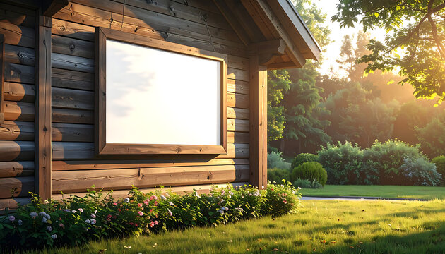 Rustic log cabin exterior with a blank window frame, surrounded by lush green garden and soft sunlight filtering through trees, tranquil outdoor setting