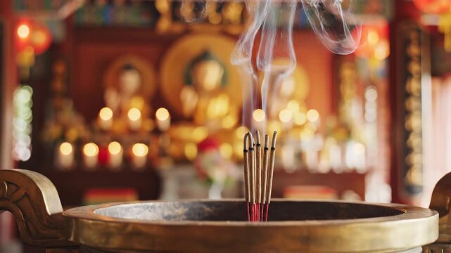 A peaceful close-up of burning incense sticks in a golden bowl, with soft smoke rising against a blurred Buddhist temple background and warm lights.
