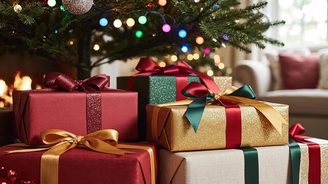 Elegant stack of festive gift boxes in gold, red, and green under a glowing Christmas tree with a warm fireplace ambiance. Perfect for holiday celebrations.