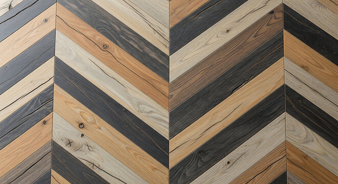Chevron pattern of weathered wood planks in varied natural brown and gray tones texture herringbone