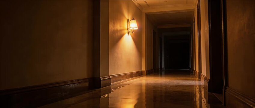 Warm corridor hallway interior night atmosphere with moody light reflection, empty hotel building passage and polished floor glow, quiet calm silence and subtle shadow depth creating gentle
