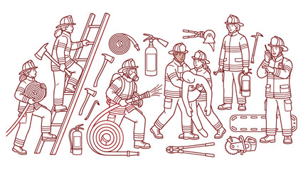 Fototapeta premium Firefighter team and rescue equipment line art set for emergency service training icons.