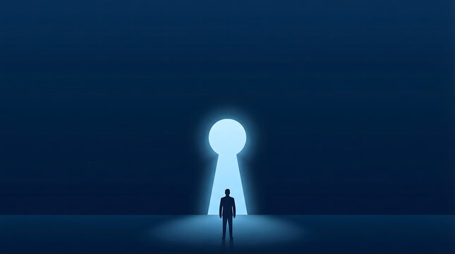 Man standing in front of glowing keyhole in dark room
