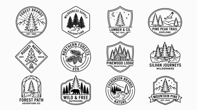Black and white mountain logos set.