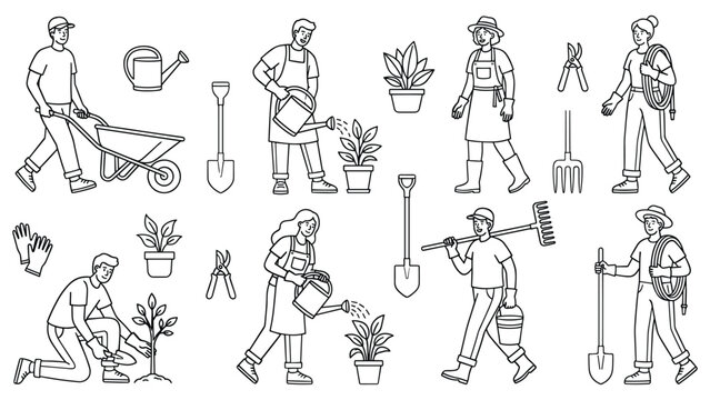 Gardeners planting and watering plants with tools, wheelbarrow, and watering can.