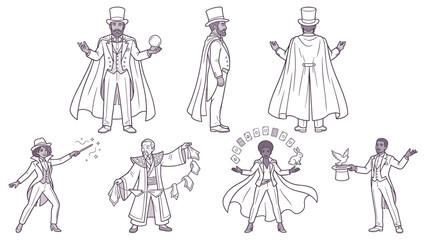 Obraz premium Magician character set with various magic tricks and performance poses in outline style.