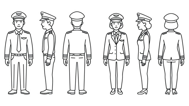 Airline pilot and female captain uniform character front side back view line illustration.