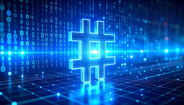 Digital hashtag symbol,  glowing blue,  binary code background