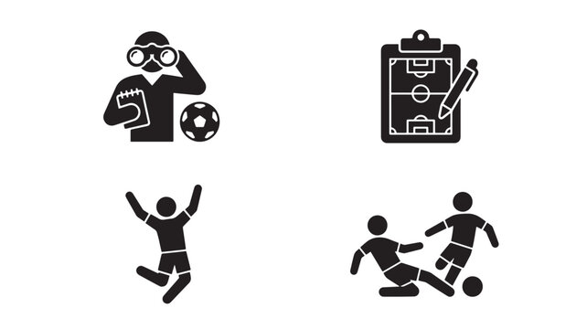 Soccer scouting talent and football strategy planning glyph icons set. Black solid symbols of scout with binoculars, coach tactic clipboard field, celebrating player, and sliding tackle foul
