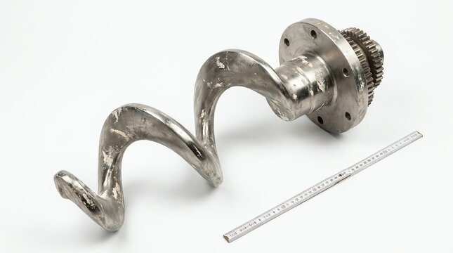 Close-up of a metallic corkscrew with a ruler for scale on a plain background.
