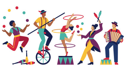 Circus performers and entertainers set with juggler unicycle rider and acrobatic dancers. © jubayer71