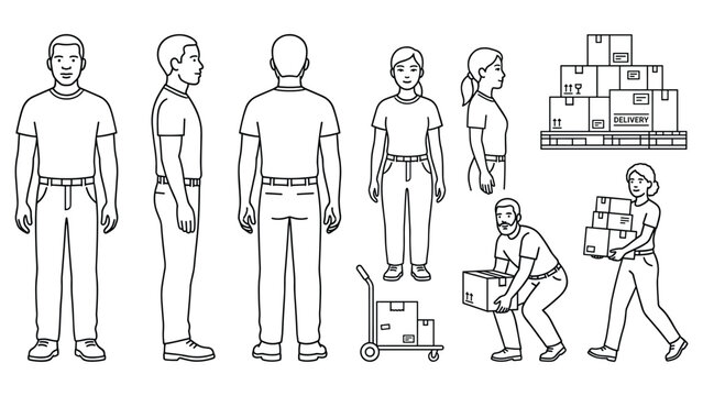 Delivery workers with boxes on pallet and handcart, carrying packages and moving cargo.