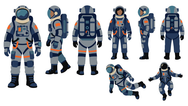 Astronaut character sheet with various poses and equipment views in space suit design set.