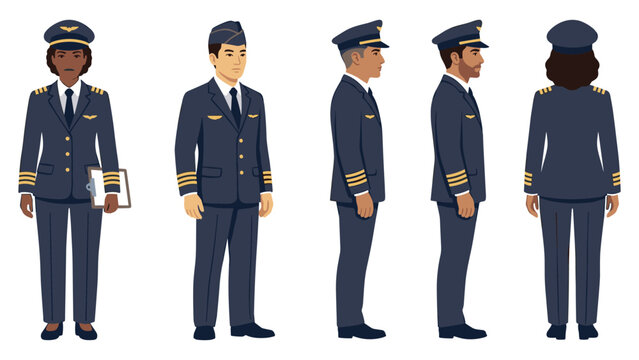 Professional pilot character set with diverse male and female captains in uniform poses.