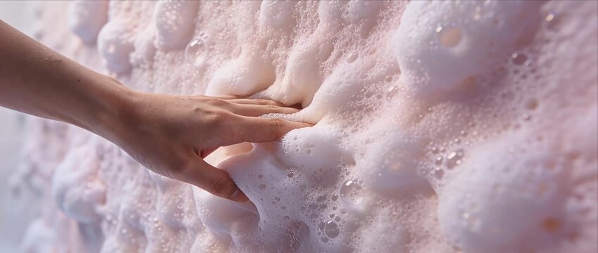 Sensory gentle bubble foam touch surface soft clean texture hand soothing feeling calm comfort experience with hand foam touch sensory bubble texture gentle care skin contact soft soap clean hygiene