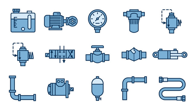 Comprehensive set of industrial hydraulic and pneumatic system components, blue fill, isolated white background.