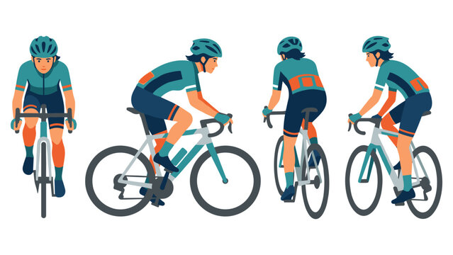 Female cyclist riding road bike in different angles and poses with helmet and gear set.