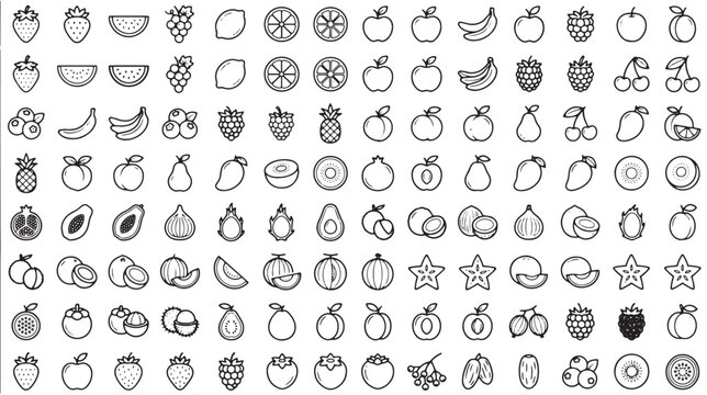 Minimalist fruit line icons set, 112 organic food vector symbols, thin outline fruit illustrations for grocery apps and healthy lifestyle web design