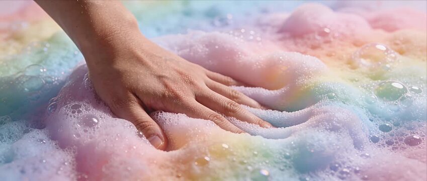 Soft hand foam bubble rainbow color tactile sensory pastel texture, gentle touch explore pastel rainbow foam bubble surface, soft relaxation sensory delight comfort play fun clean background
