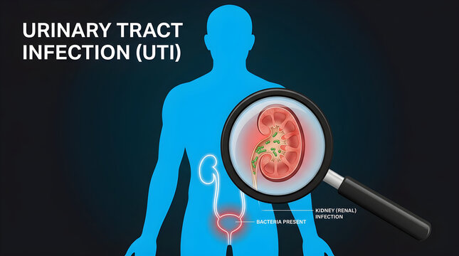 Medical illustration of human body with 'URINARY TRACT INFECTION (UTI)' and magnifying glass showing kidney infection
