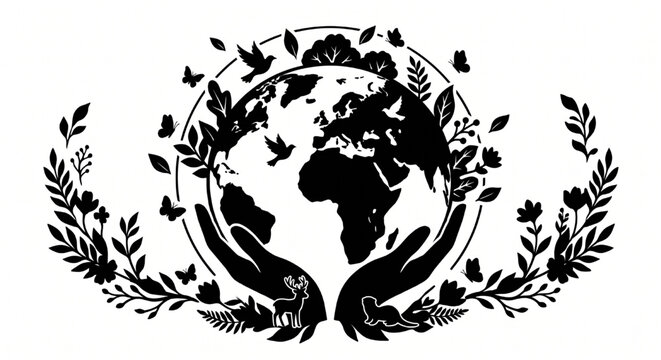 Eco friendly globe logo, earth conservation symbol, black silhouette icon, environmental protection emblem
